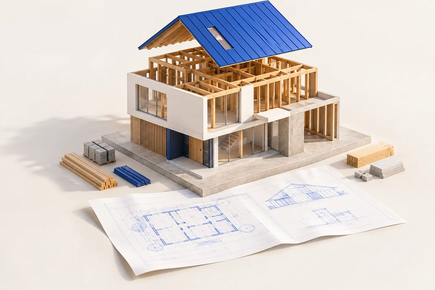 Architectural miniature with an exploded blue roof, exposed timber framing and a blueprint, illustrating how plans become a built project