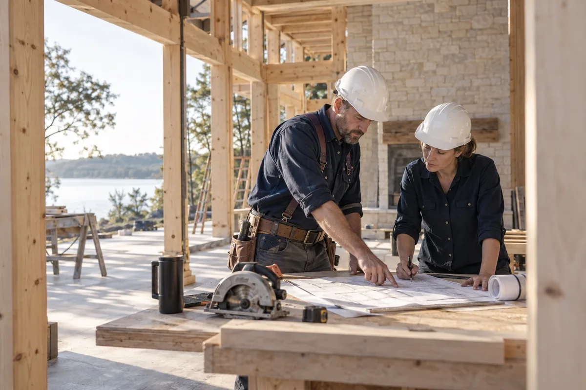 Contractors reviewing plans together at a construction site